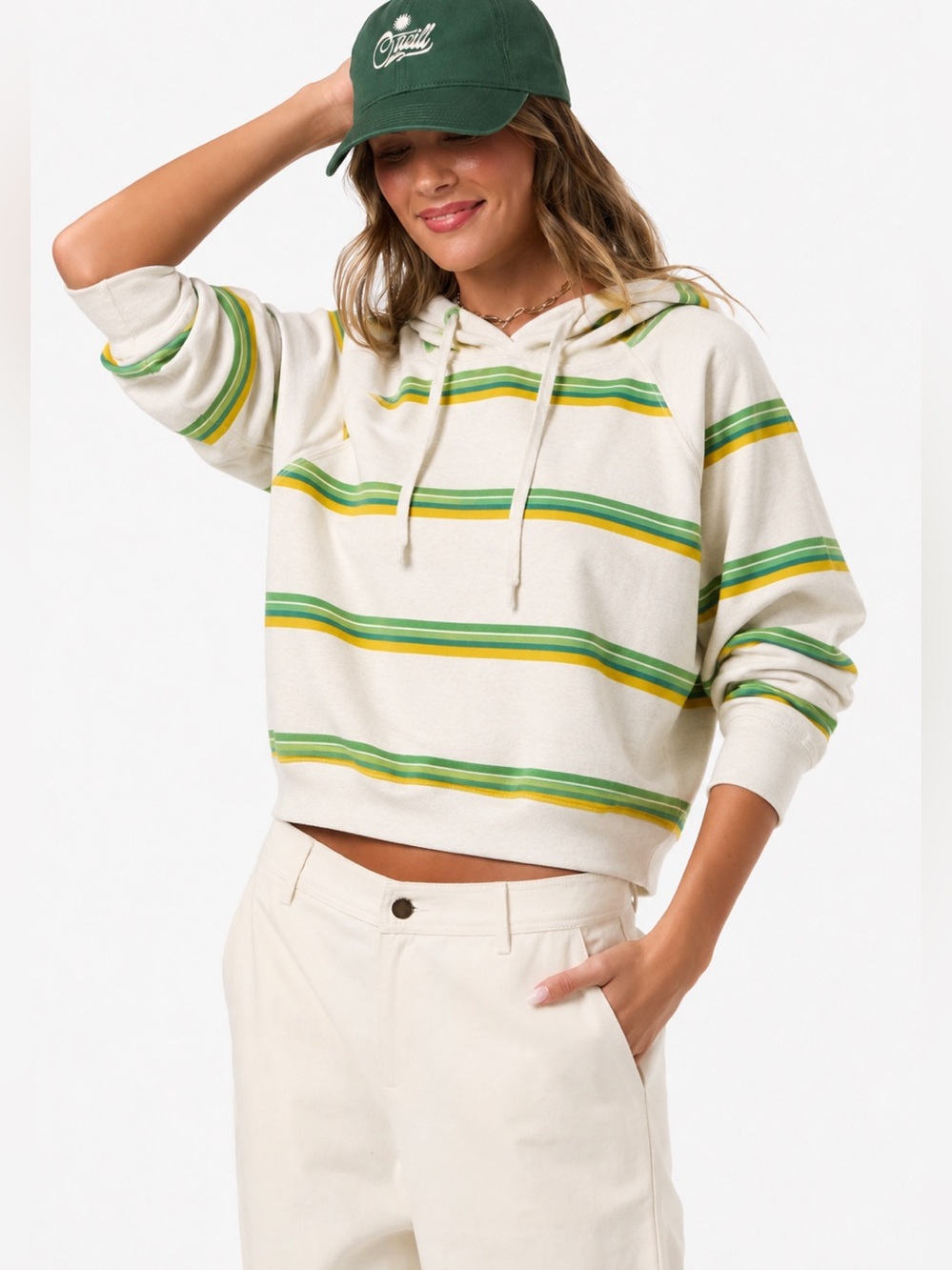 Love Peace and Lazy Days Medium Soft Striped Hoodie Green/Yellow/Blue accents.